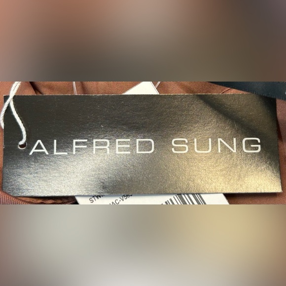 NWT Alfred Sung Deep V-Back Satin Trumpet Dress, One-Shoulder Bow in Cognac, 12R - Picture 12 of 16